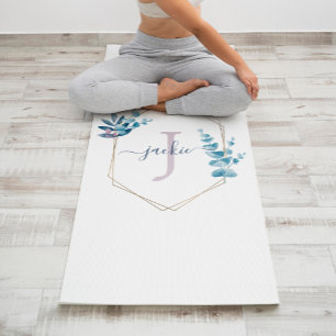 Lilac Watercolor Eucalyptus Frame Monogram Yoga Mat