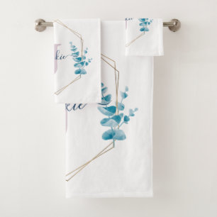 Lilac Watercolor Eucalyptus Frame Monogrammed Bath Towel Set