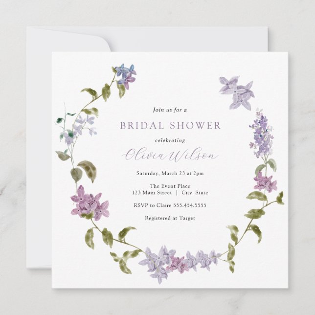 Lilac Watercolor Floral Bridal Shower Invitation (Front)