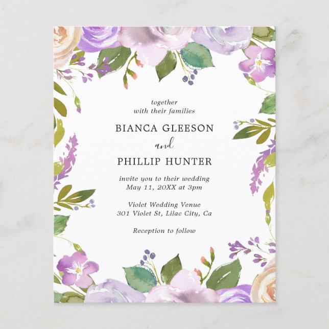 Lilac Watercolor Floral Budget Wedding Invitation (Front)