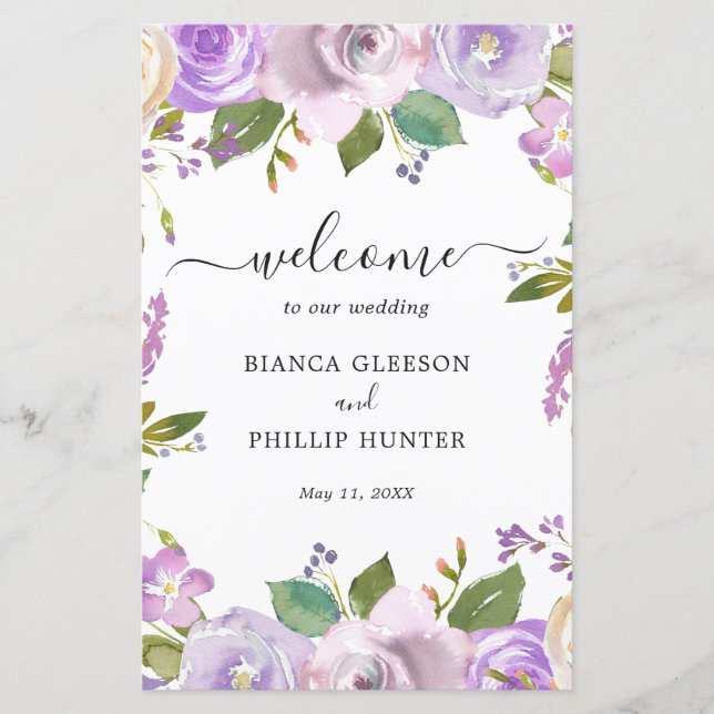 Lilac Watercolor Floral Elegant Wedding Program (Front)