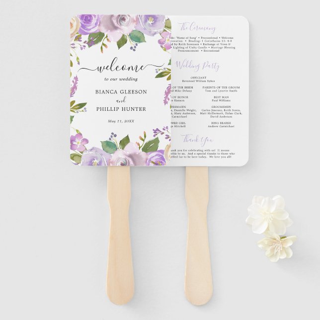 Lilac Watercolor Floral Elegant Wedding Program Hand Fan (Front and Back)