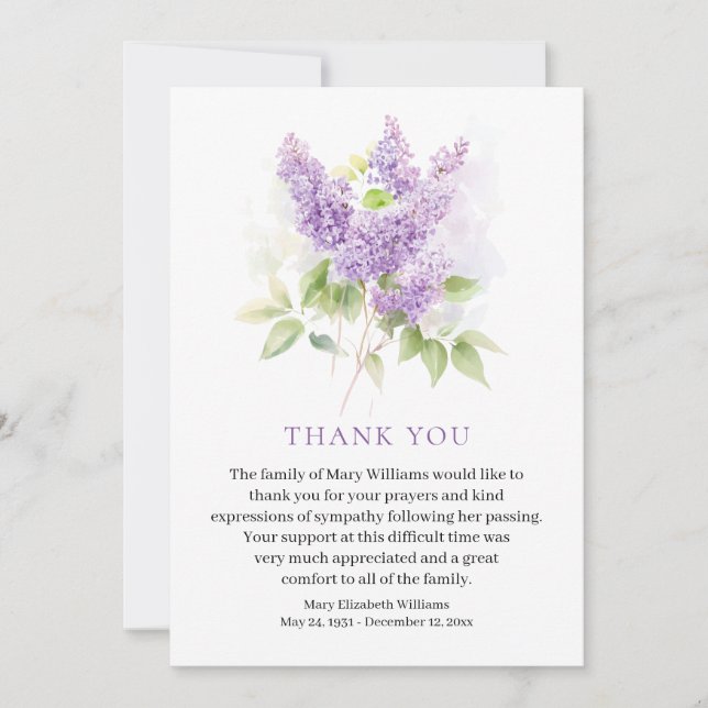 Lilac Watercolor Floral Funeral Thank You (Front)