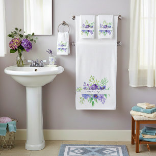 Lilac watercolor floral personalised  bath towel set