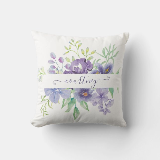 Lilac watercolor floral personalised cushion (Front)