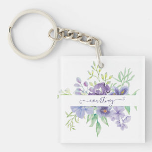 Lilac watercolor floral personalised key ring