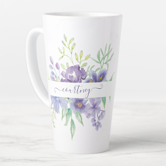 Lilac watercolor floral personalised  latte mug (Left Angle)