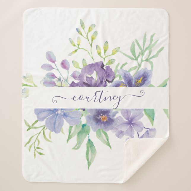 Lilac watercolor floral personalised  sherpa blanket (Front)