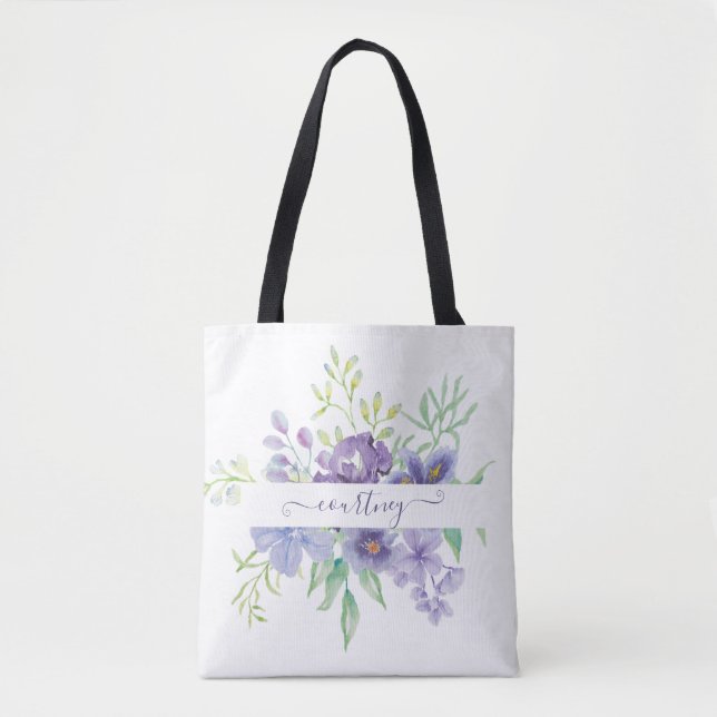 Lilac watercolor floral personalised tote bag (Front)