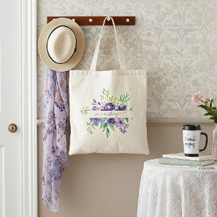 Lilac watercolor floral personalised tote bag
