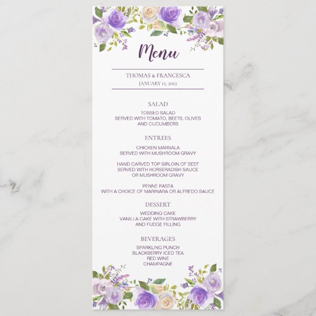 Lilac Watercolor Floral Wedding Menu Card (Front)