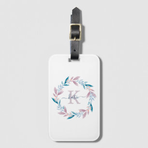 Lilac Watercolor Floral Wreath Monogram Luggage Tag