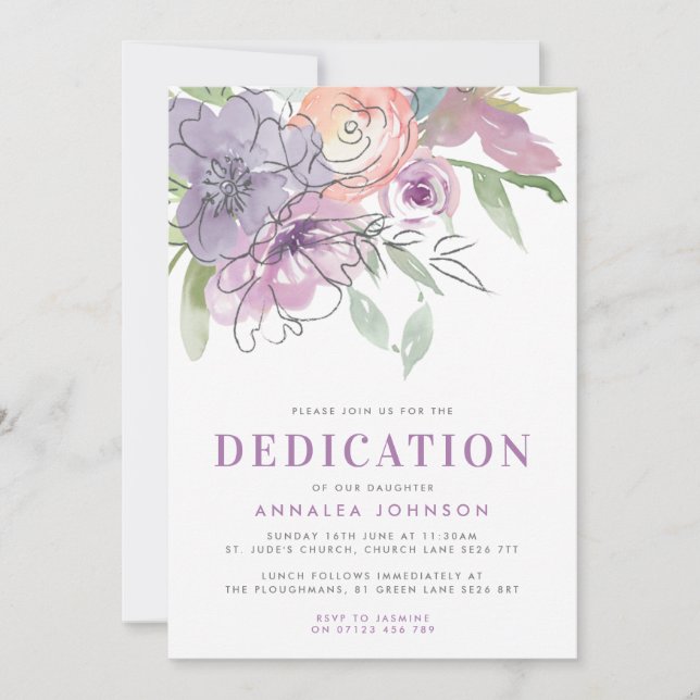 Lilac Watercolor Flowers Baby Dedication Invitation (Front)