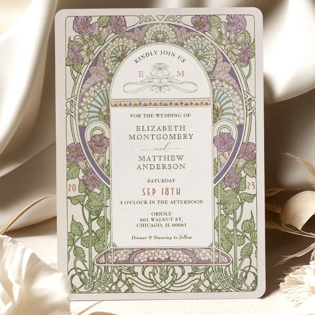 Lilac Wedding Invitations Art Nouveau by Mucha (Creator Uploaded)
