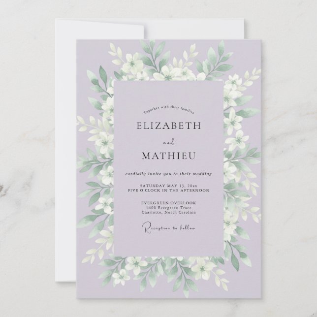 Lilac White Leafy Wedding Invitation (Front)