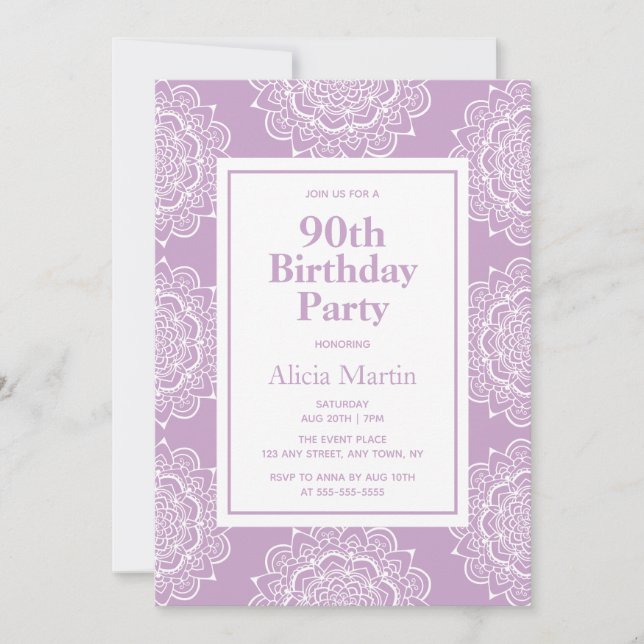 Lilac & White Mandala Flower 70th Birthday Invitation (Front)