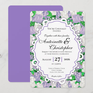 Lilac & White Rose Wedding Invite - Purple Border