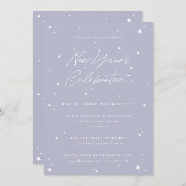 Lilac+White Script Scattered Stars New Year' Party Invitation (Front/Back)