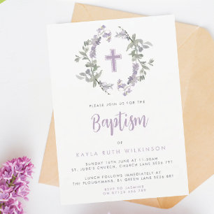 Lilac Wild Flower Wreath & Cross Baby Baptism Invitation