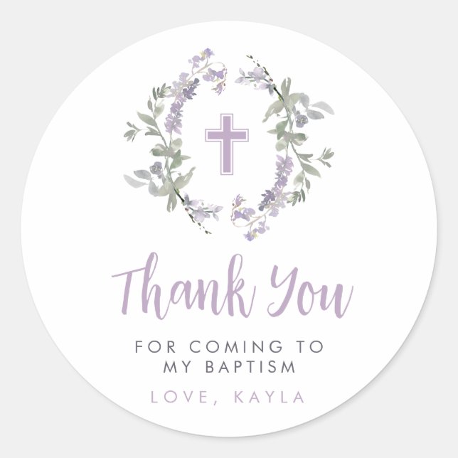 Lilac Wild Flower Wreath & Cross Baptism Thank You Classic Round Sticker (Front)