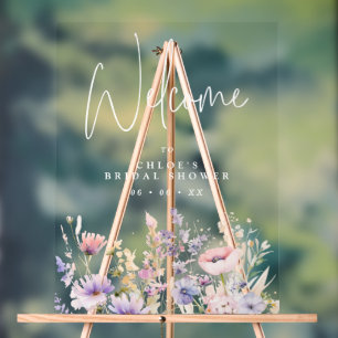 Lilac Wild Flowers Bridal Shower Welcome Acrylic Sign