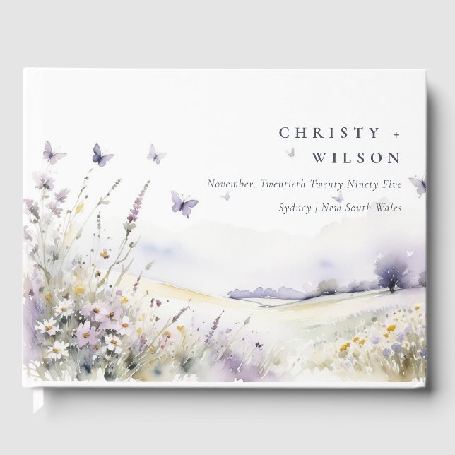 Lilac Wildflower Butterfly Field Landscape Wedding Guest Book (Front)