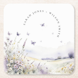 Lilac Wildflower Butterfly Field Landscape Wedding Square Paper Coaster