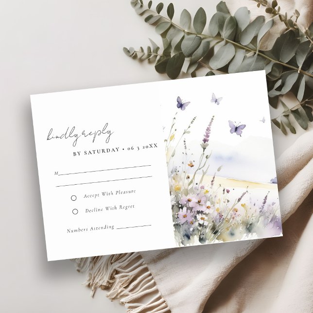 Lilac Wildflower Butterfly Field Wedding Reception RSVP Card (Creator Uploaded)