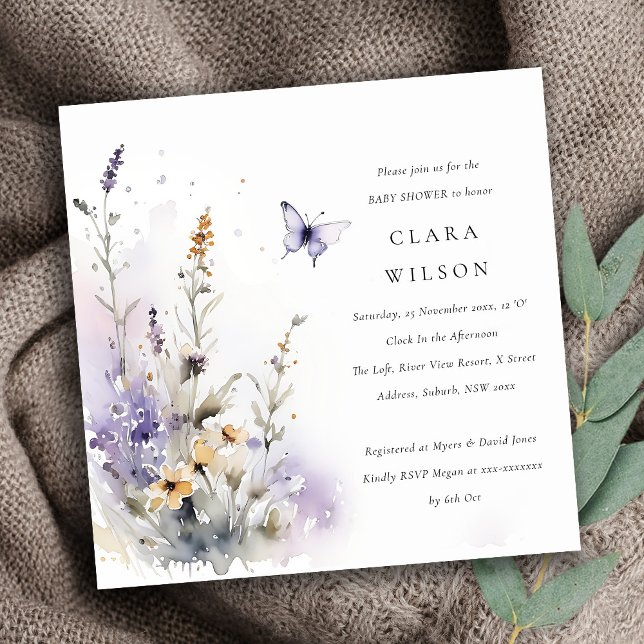 Lilac Wildflower Butterfly Garden Baby Shower Invitation (Creator Uploaded)