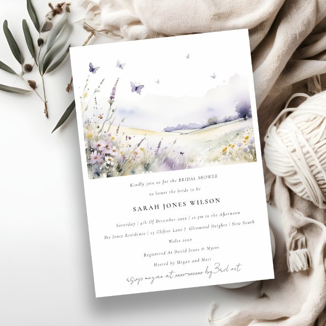 Lilac Wildflower Butterfly Landscape Bridal Shower Invitation (Creator Uploaded)