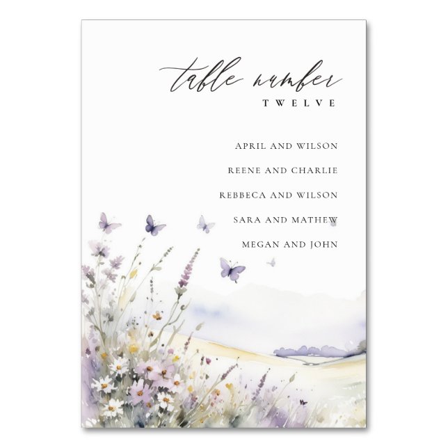 Lilac Wildflower Butterfly Wedding Seating Chart Table Number (Front)