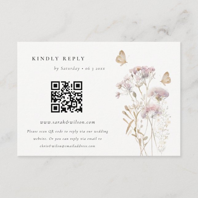 Lilac Wildflower Fern Foliage Wedding QR Code RSVP Enclosure Card (Front)