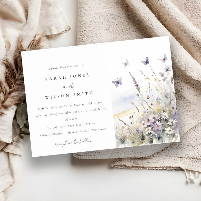 Lilac Wildflower Field Butterfly Landscape Wedding Invitation (Creator Uploaded)