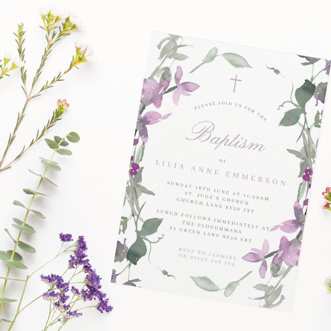 Lilac Wildflowers & Cross Baptism Invitation (Creator Uploaded)