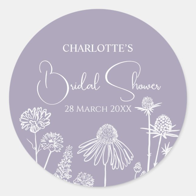 Lilac  Wildflowers Sketched Floral Bridal Shower  Classic Round Sticker (Front)