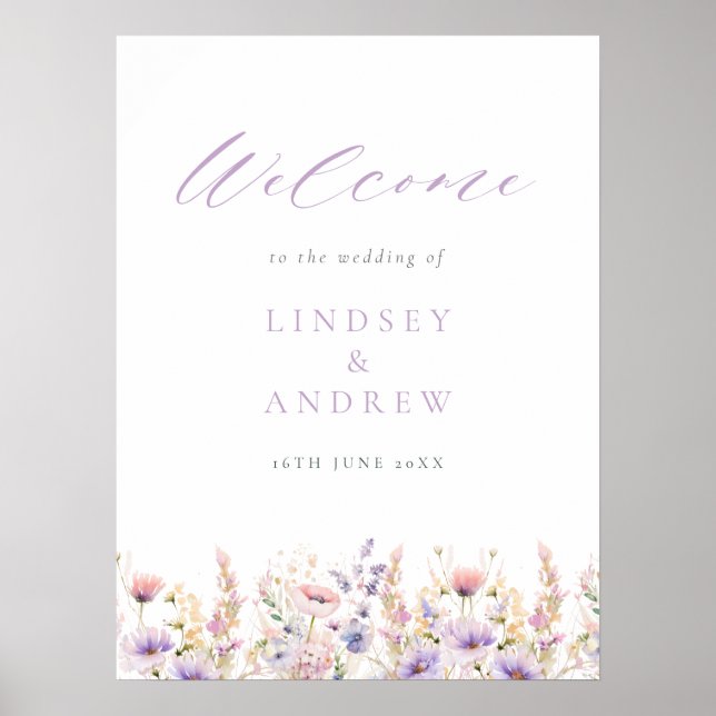 Lilac Wildflowers Wedding Welcome Poster (Front)