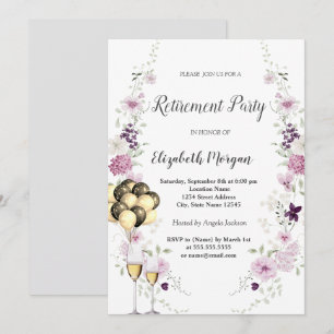 Lilac Wildflowers  Wine Glas Ballons Retirement  Invitation