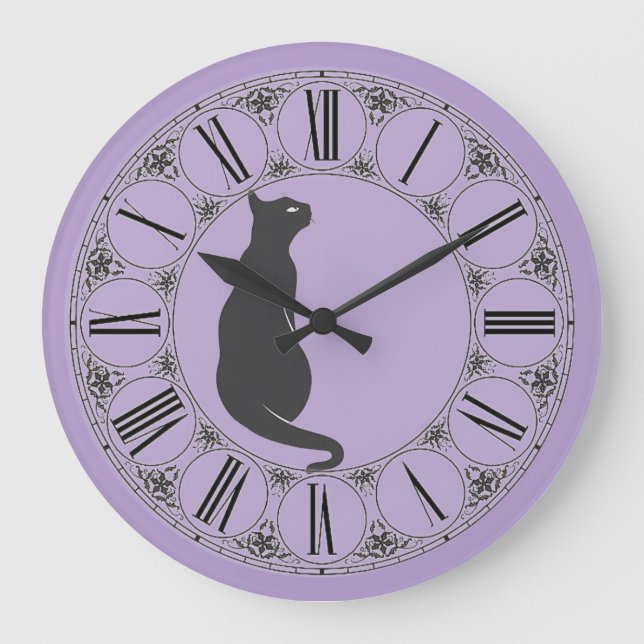 Lilac with Black Cat and Roman Numeral Face Large Clock (Front)
