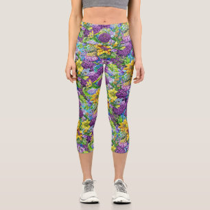 Lilac Yellow Blue Green Garden Flowers Pattern Capri Leggings