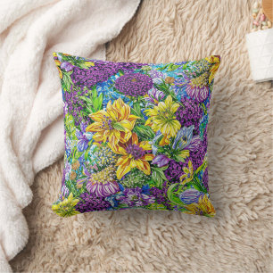 Lilac Yellow Blue Green Garden Flowers Pattern Cushion