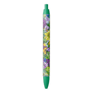 Lilac Yellow Blue Green Garden Flowers Pattern Ink Pen