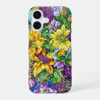 Lilac Yellow Blue Green Garden Flowers Pattern