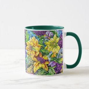 Lilac Yellow Blue Green Garden Flowers Pattern Mug