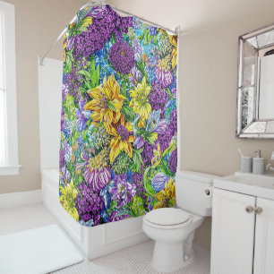 Lilac Yellow Blue Green Garden Flowers Pattern Shower Curtain