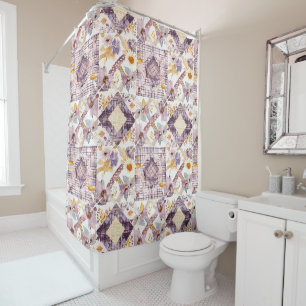 Lilac Yellow Patchwork Quilt Rustic Floral Retro Shower Curtain
