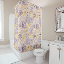 Lilac Yellow Patchwork Quilt Rustic Floral Retro