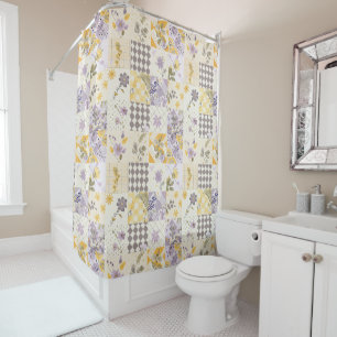 Lilac Yellow Patchwork Quilt Rustic Floral Retro  Shower Curtain