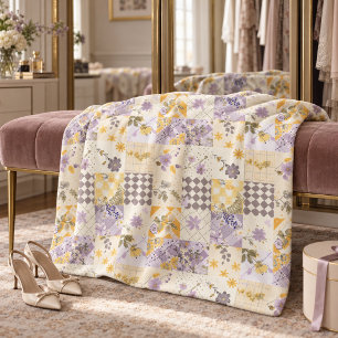 Lilac Yellow Quilt Patchwork Gingham Cottagecore Fleece Blanket