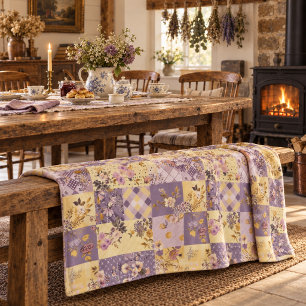 Lilac Yellow Quilt Patchwork Gingham Cottagecore Fleece Blanket
