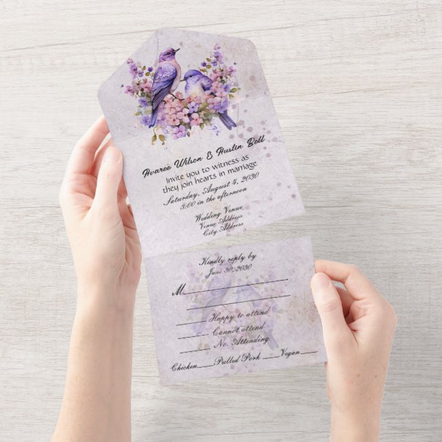 Lilacs and Bluebirds  All In One Invitation (Tearaway)